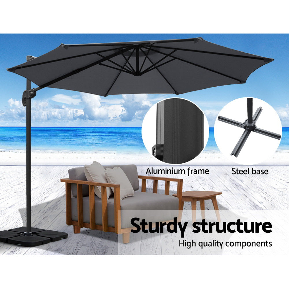 Umbrellas & Sunshades - Stylish 3m Cantilever Beach Umbrella with Charcoal Stand