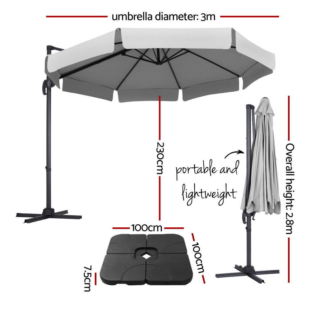 3M Outdoor Umbrella W/Base Cantilever Beach Roma 360 Degree Tilt Grey, Umbrellas & Sunshades