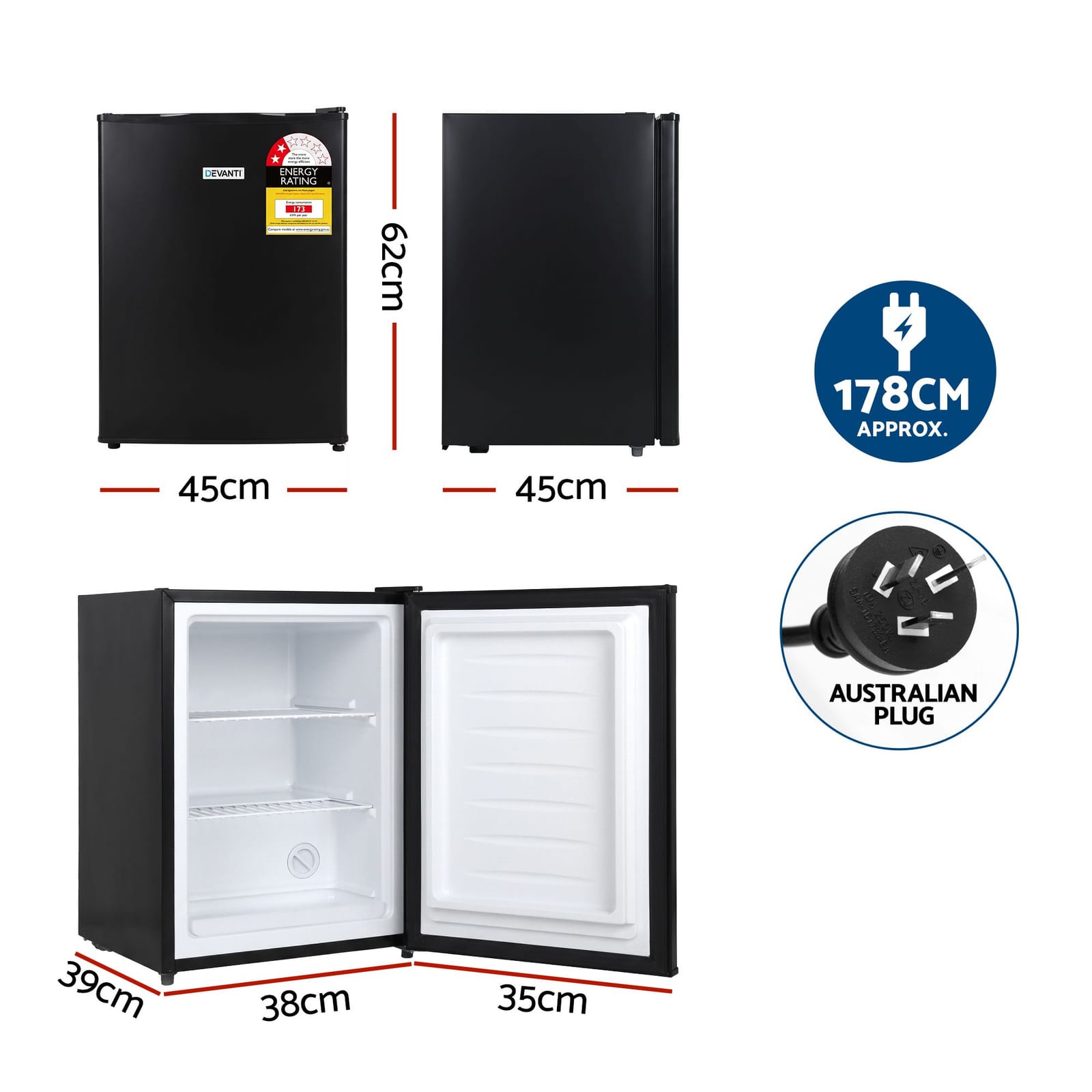 Compact Upright Freezer Black 45x45x62cm