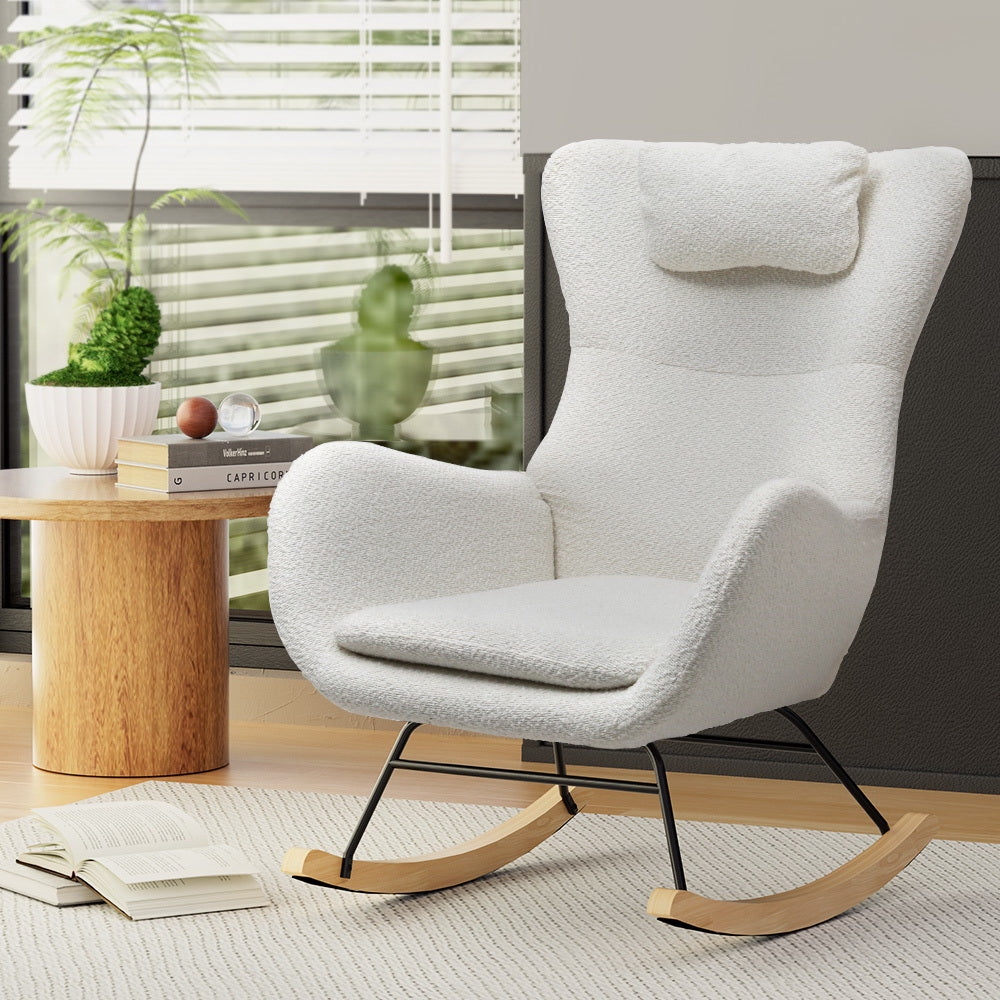 Modern Boucle Rocking Chair with Pillow - White