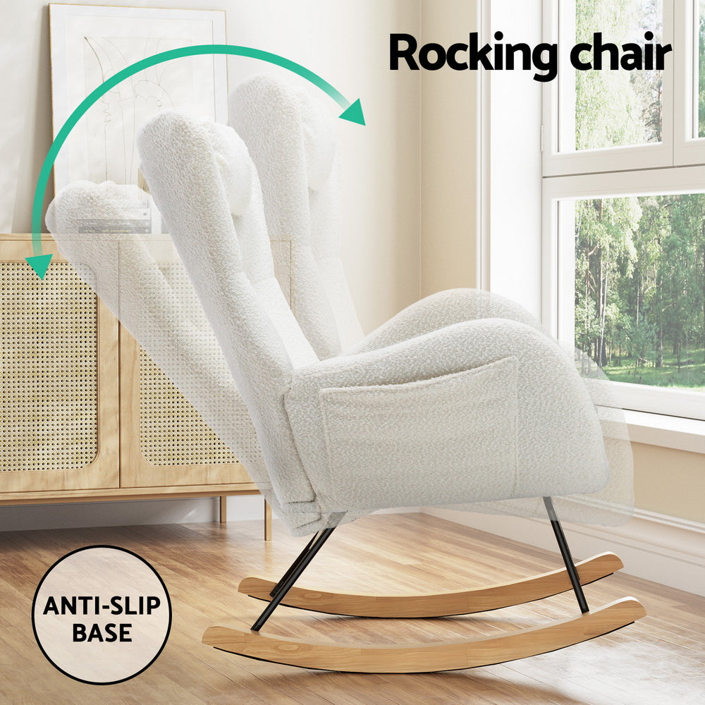 Modern Boucle Rocking Chair with Pillow - White