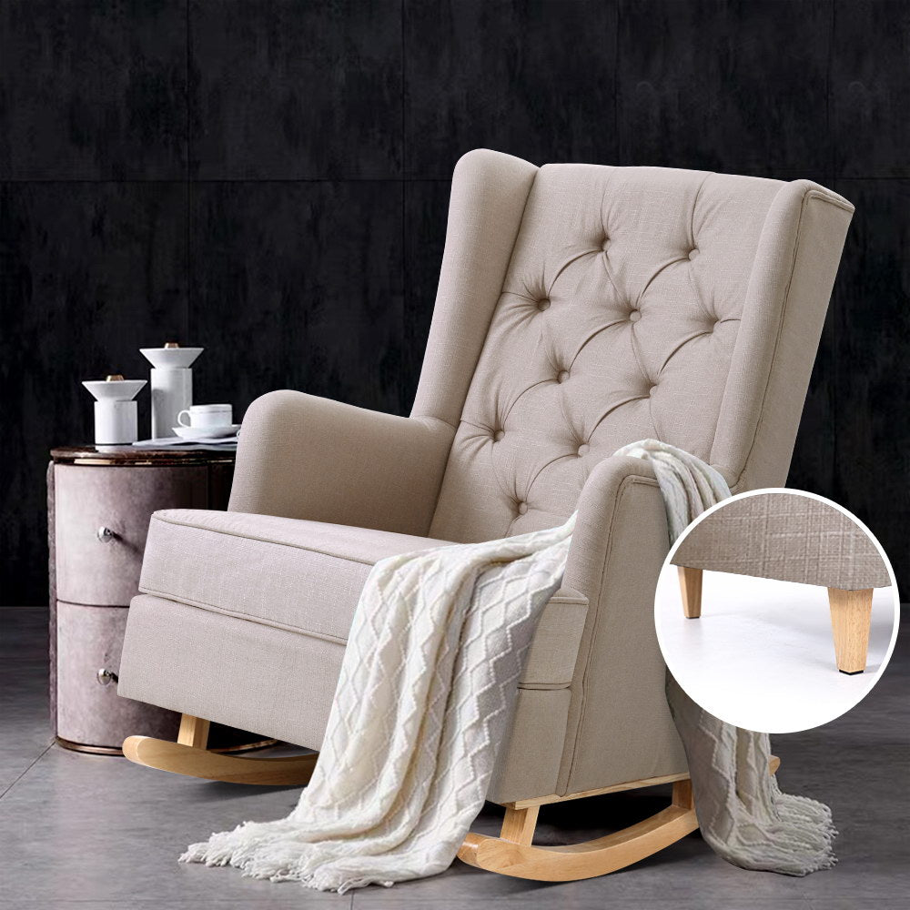 Gaia Rocking Chair Armchair Linen Fabric Beige Comfortable