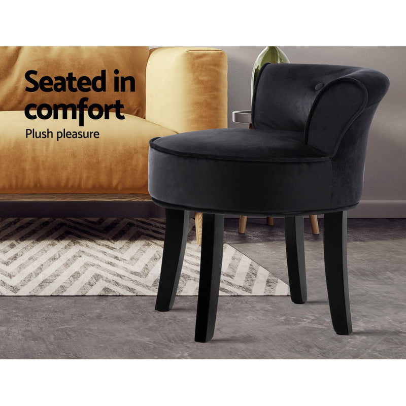 Vanity Stool Velvet Black Abella - Artiss Backrest Stools Dressing
