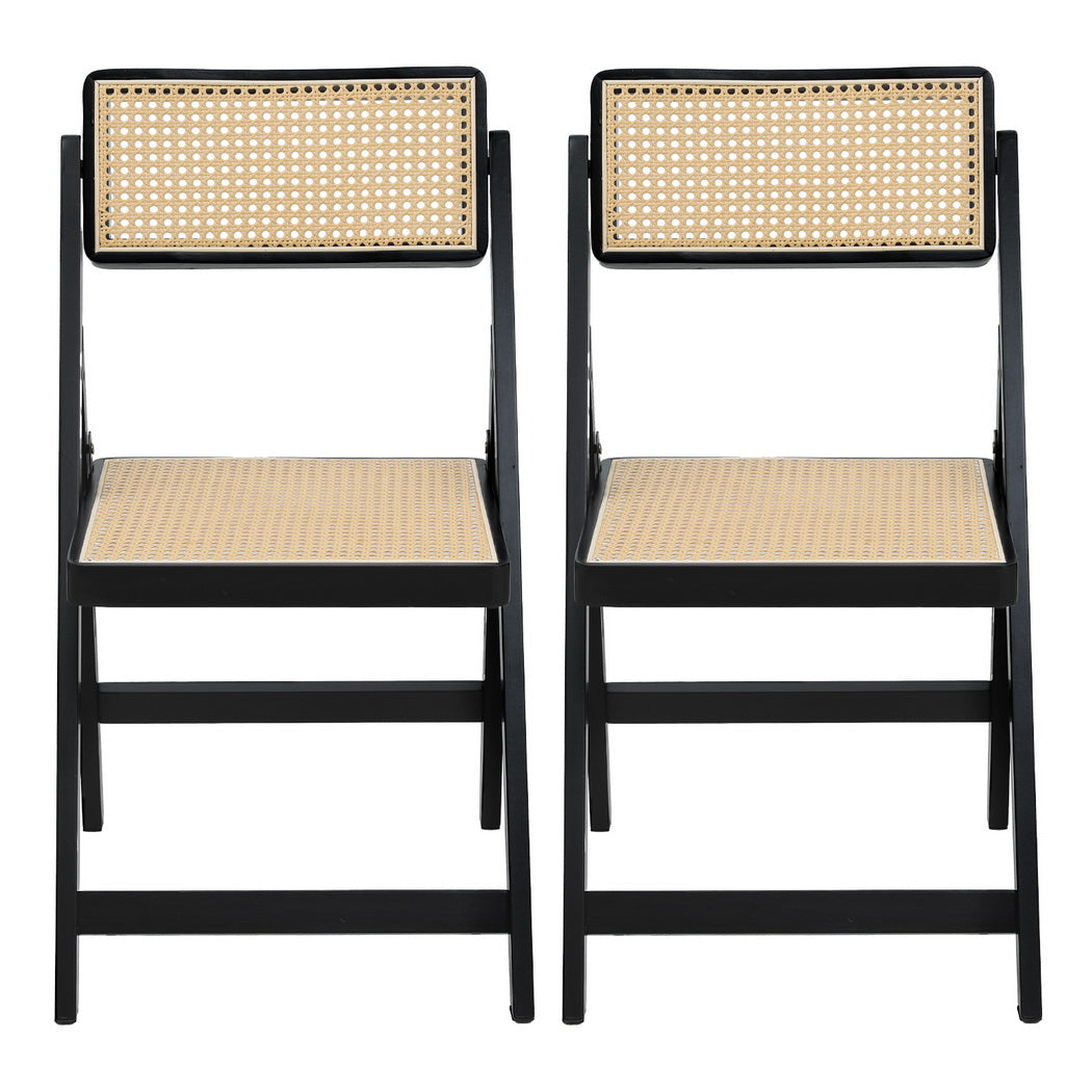 2x Foldable Dining Chairs Black Wooden Rattan Modern Home Furniture