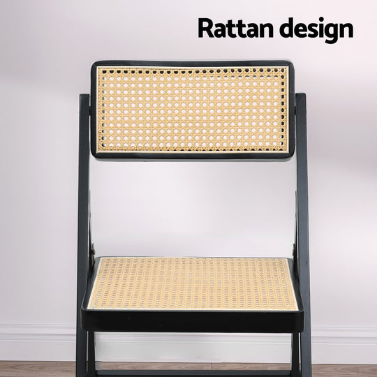 2x Foldable Dining Chairs Black Wooden Rattan Modern Home Furniture