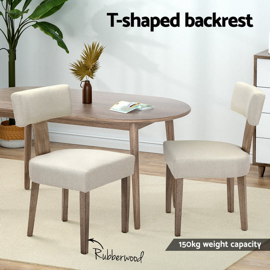 Set of 4 Beige Linen Fabric Dining Chairs with Wooden Frame - Stylish
