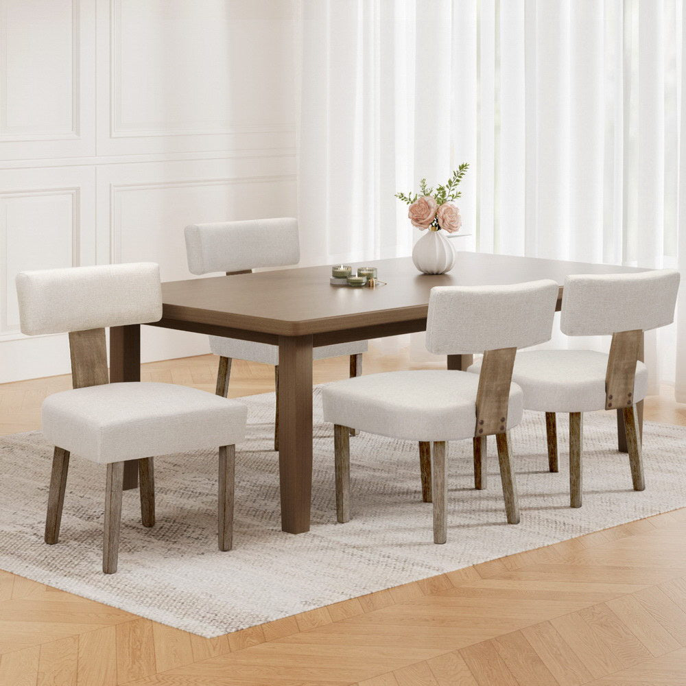 Set of 4 Beige Linen Fabric Dining Chairs with Wooden Frame - Stylish