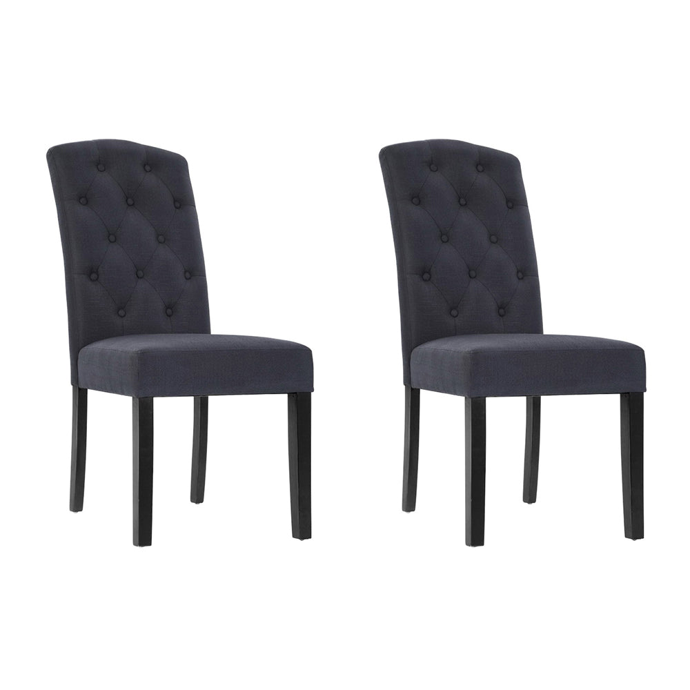 2x Dining Chairs French Provincial Kitchen Cafe Fabric Padded High Back Pine Wood Grey