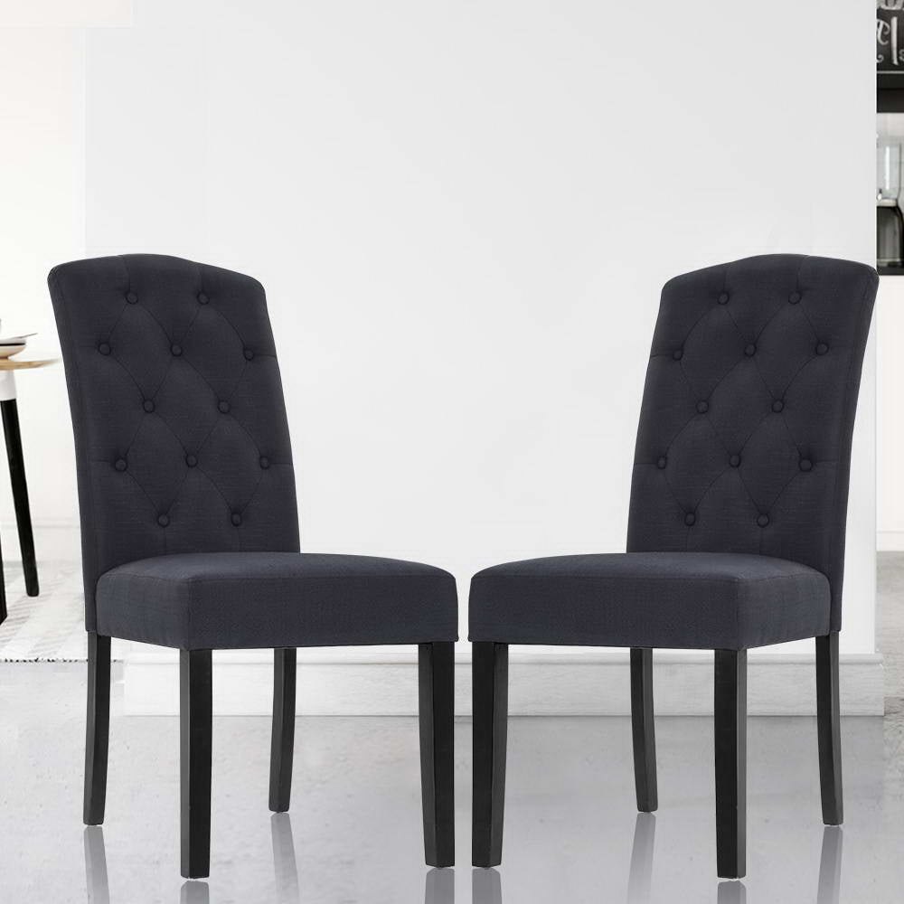 2x Dining Chairs French Provincial Kitchen Cafe Fabric Padded High Back Pine Wood Grey