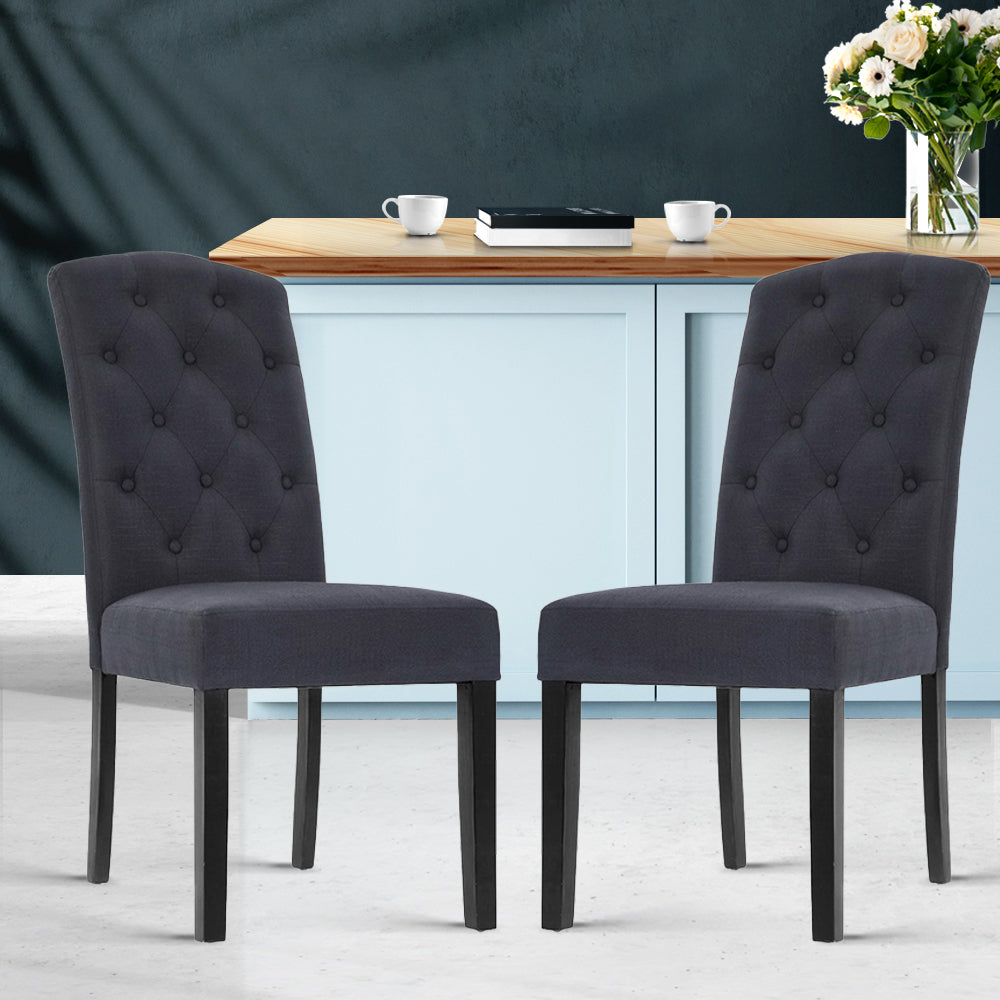 2x Dining Chairs French Provincial Kitchen Cafe Fabric Padded High Back Pine Wood Grey