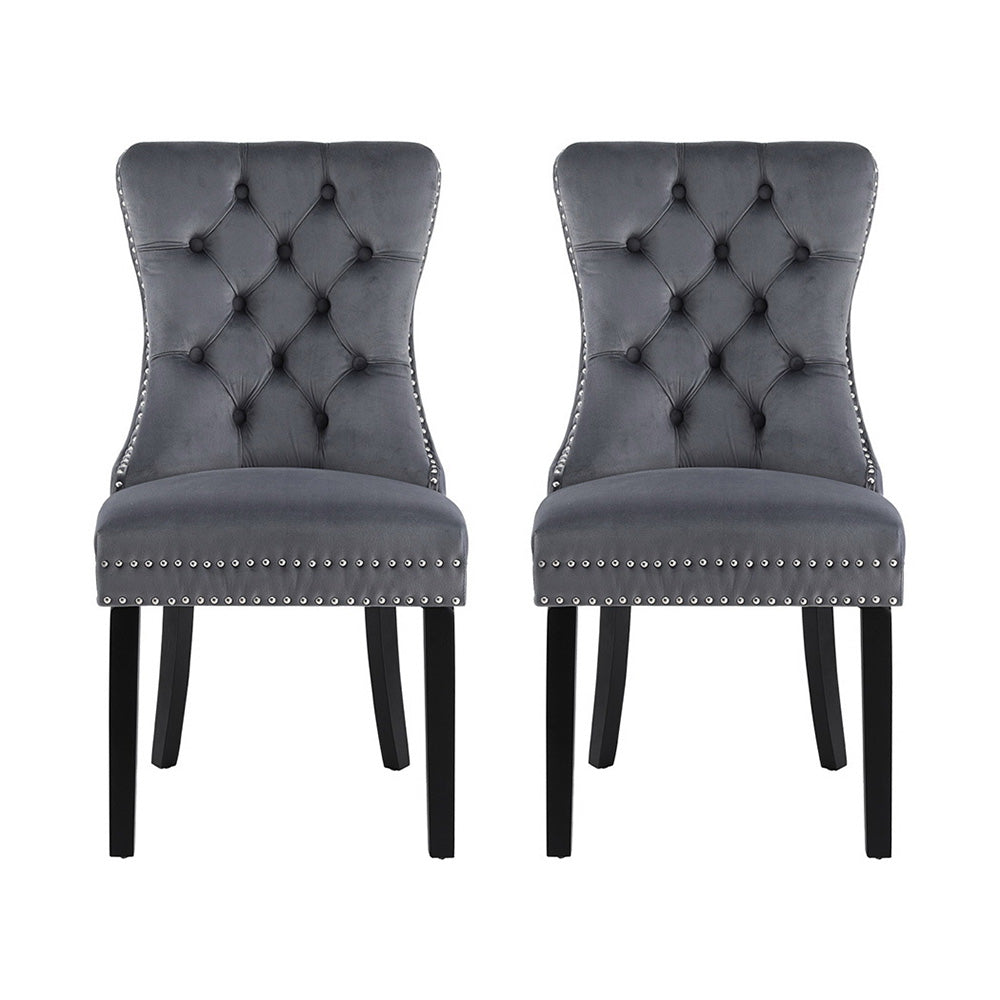 1 Set of 2 Dining Chairs Beige/Black/Grey Velvet