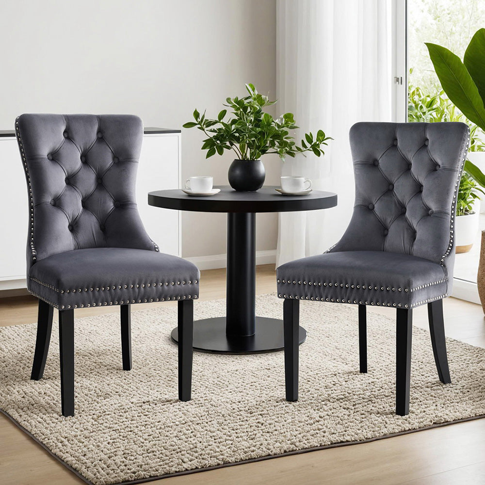1 Set of 2 Dining Chairs Beige/Black/Grey Velvet