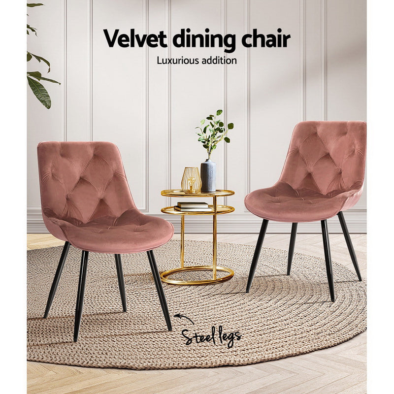 Dining Chairs Set Of 2 Velvet Diamond Tufted Pink - Starlyn Kitchen Padded Seat