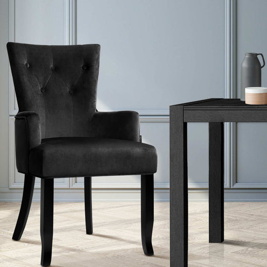 Artiss Chairs Fabric Timber - Dining Chair Velvet French Provincial Armchair Black