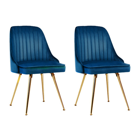 Set of 2 Dining Modern Chairs Blue Velvet with Golden splayed legs