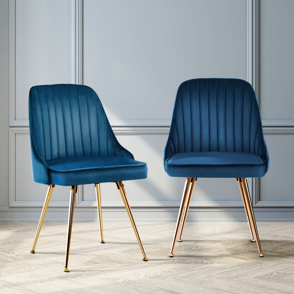 Golden Splayed Legs - Dining Chairs Set of 2 Blue Velvet Channel Tufted Upholstered Modern Chairs