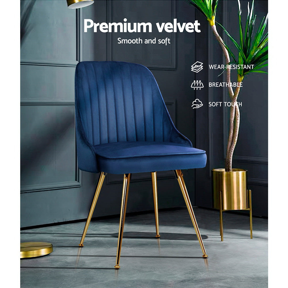 Set of 2 Dining Chairs Blue Velvet with Golden splayed