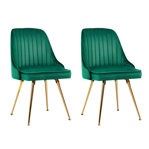 Set of 2 Dining Cafe Kitchen Modern Chairs Green Velvet with Golden splayed legs