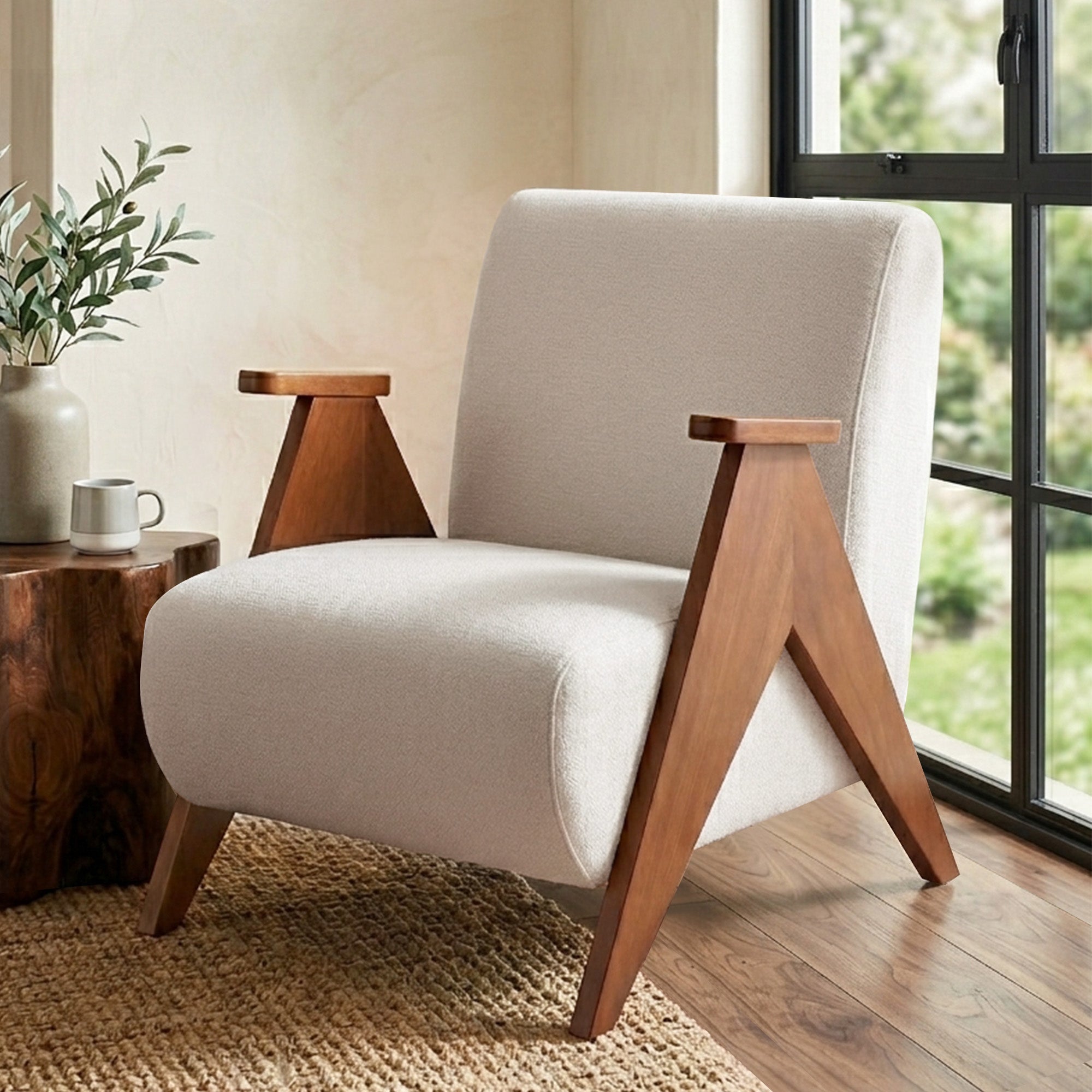 Beige Chenille Armchair Accent Chair Sturdy Oak Legs Comfortable Living Room