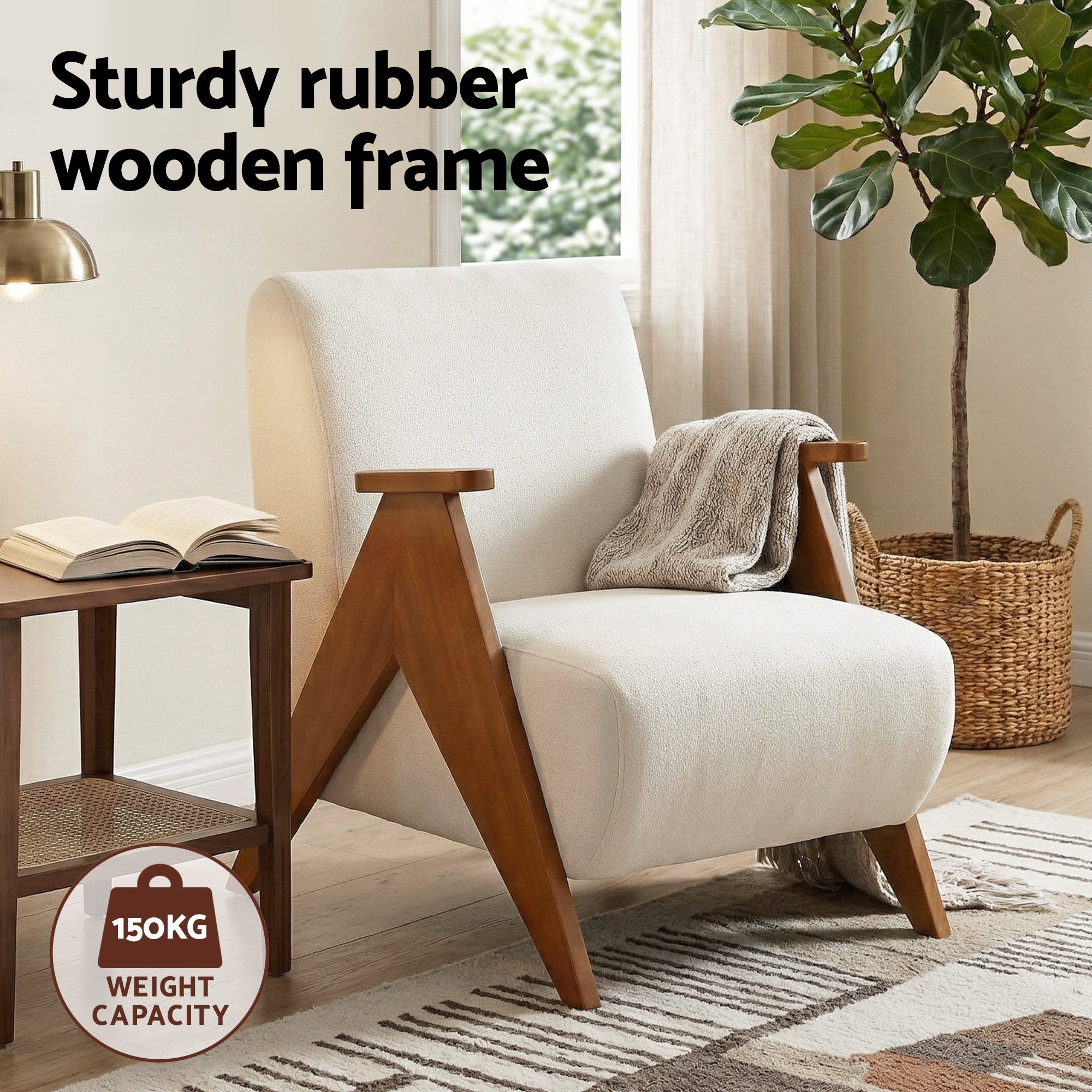 Beige Chenille Armchair Accent Chair Sturdy Oak Legs Comfortable Living Room