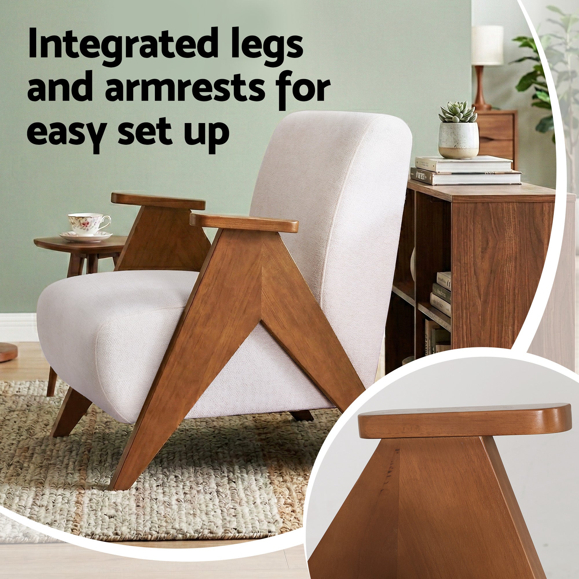 Beige Chenille Armchair Accent Chair Sturdy Oak Legs Comfortable Living Room