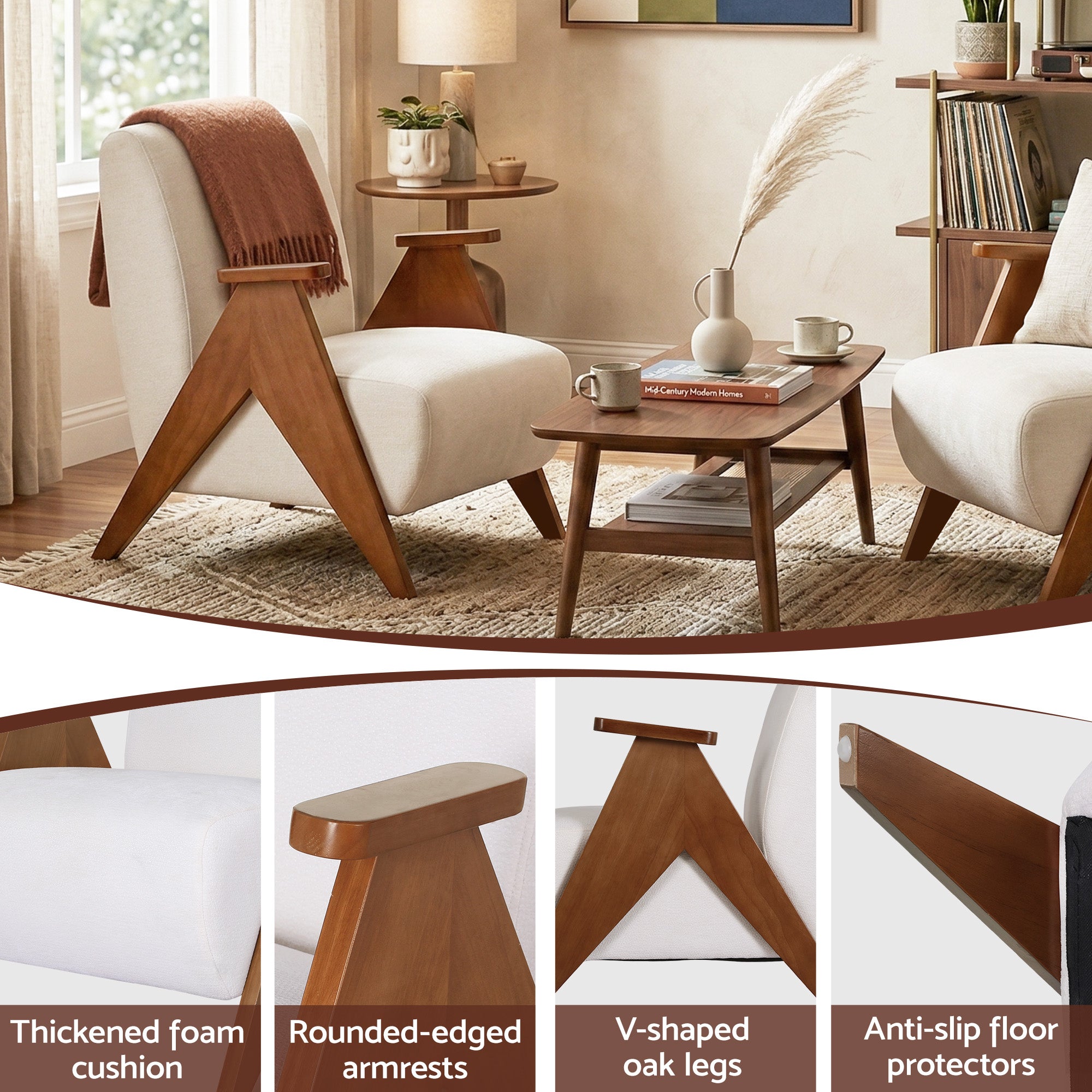 Beige Chenille Armchair Accent Chair Sturdy Oak Legs Comfortable Living Room
