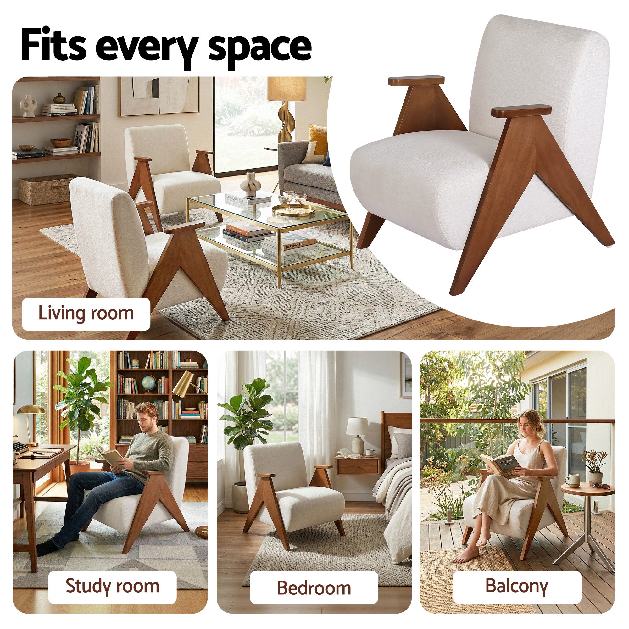 Beige Chenille Armchair Accent Chair Sturdy Oak Legs Comfortable Living Room