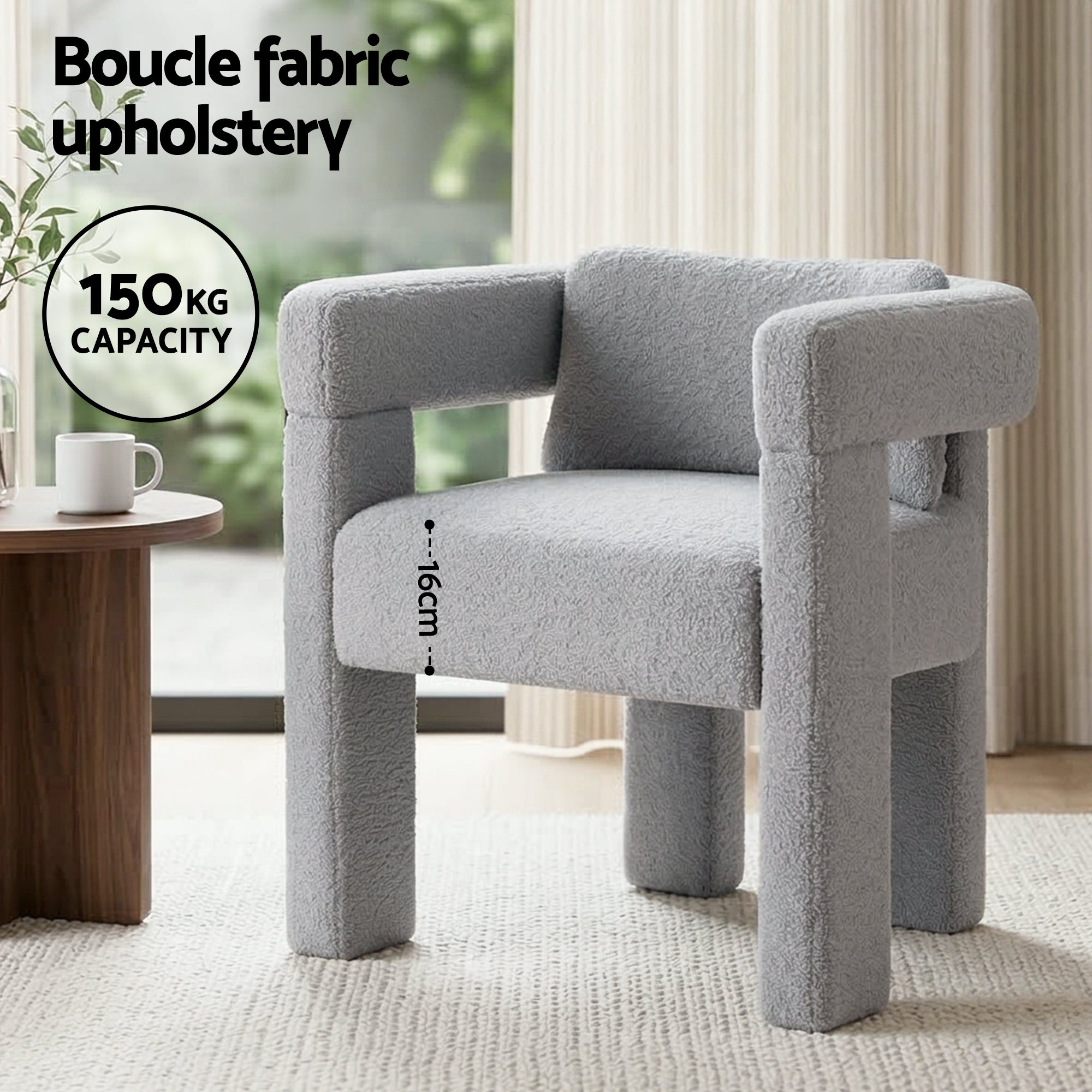Grey Boucle Armchair with Supportive Backrest