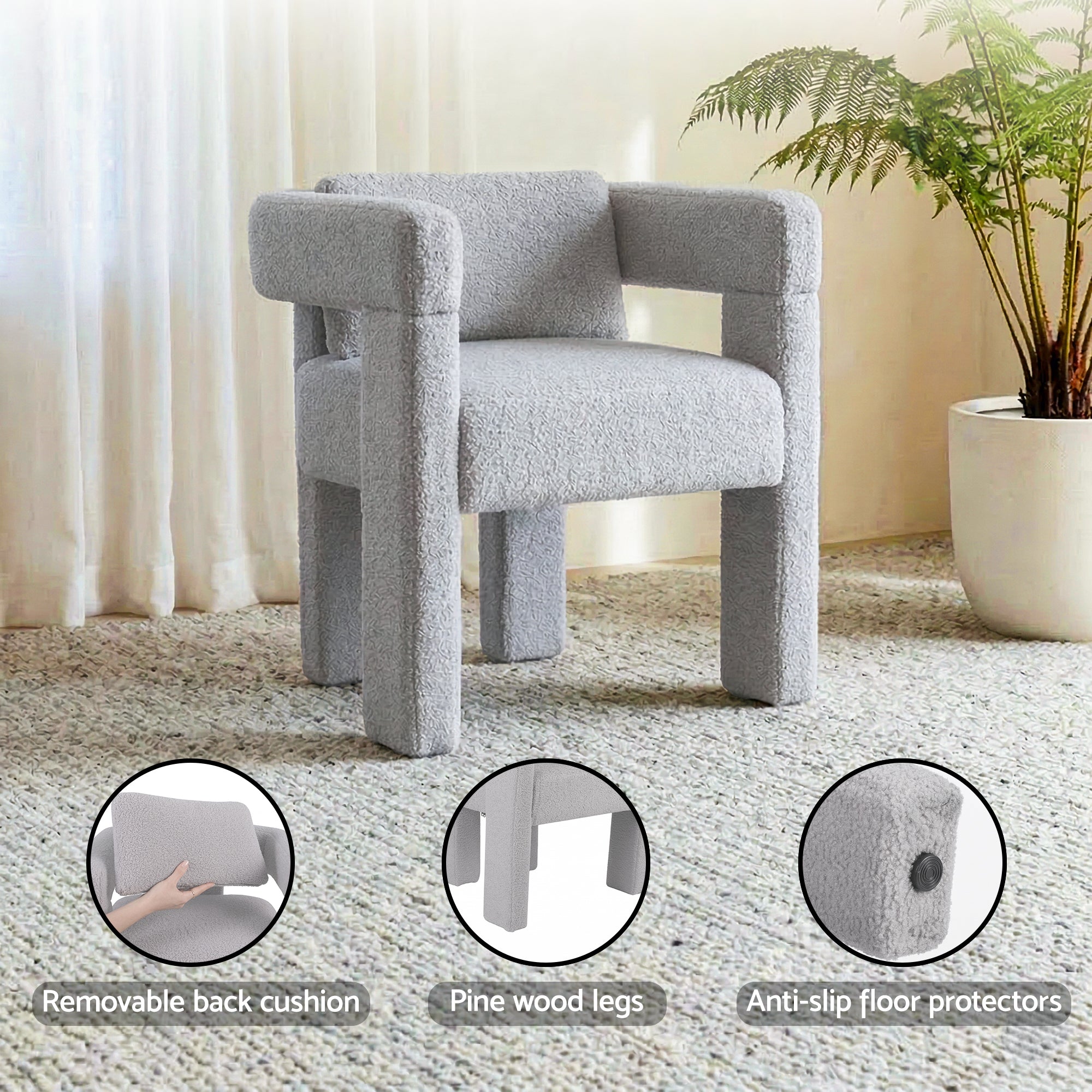 Grey Boucle Armchair with Supportive Backrest