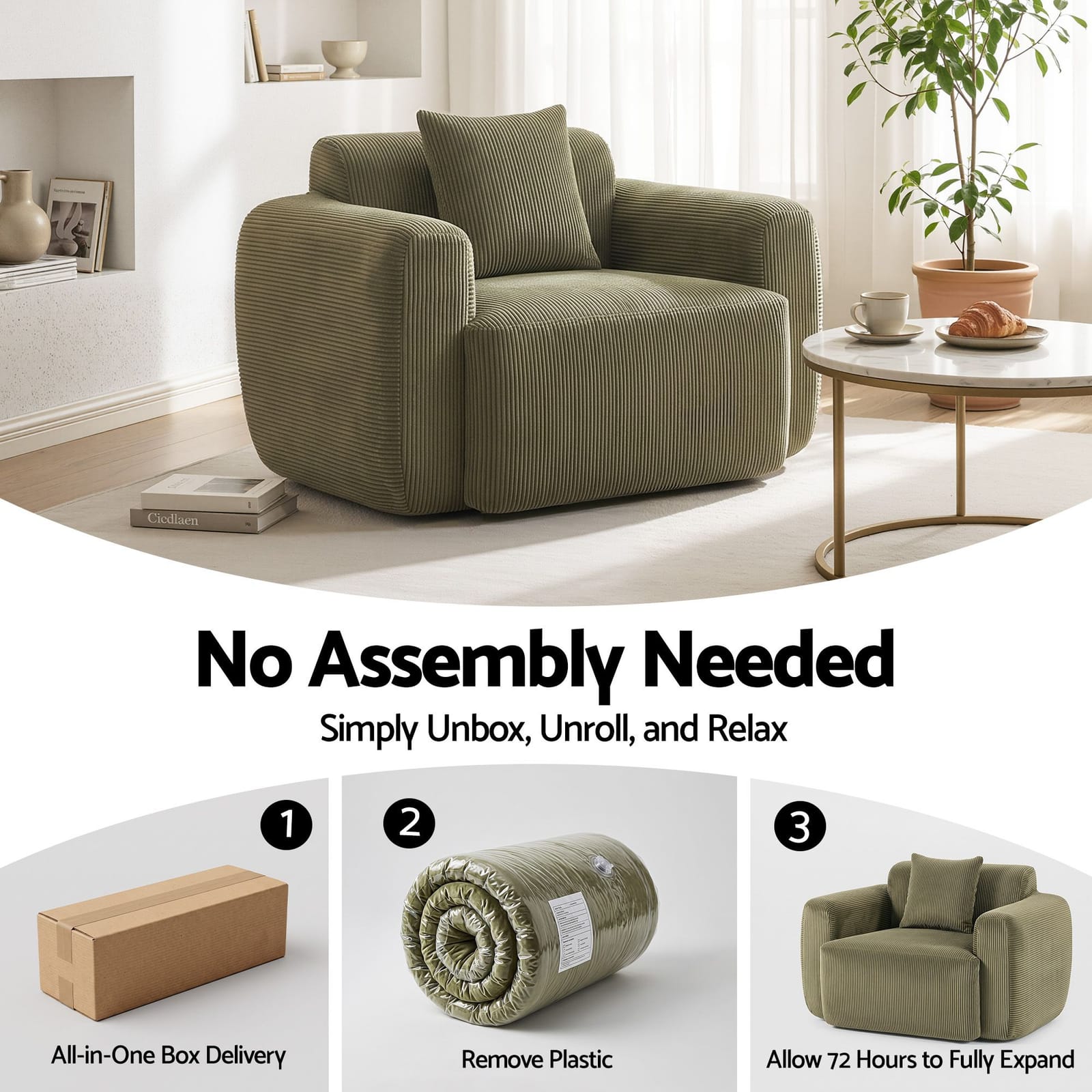 Corduroy Armchair No Assembly Cushion Green | Simpledeals