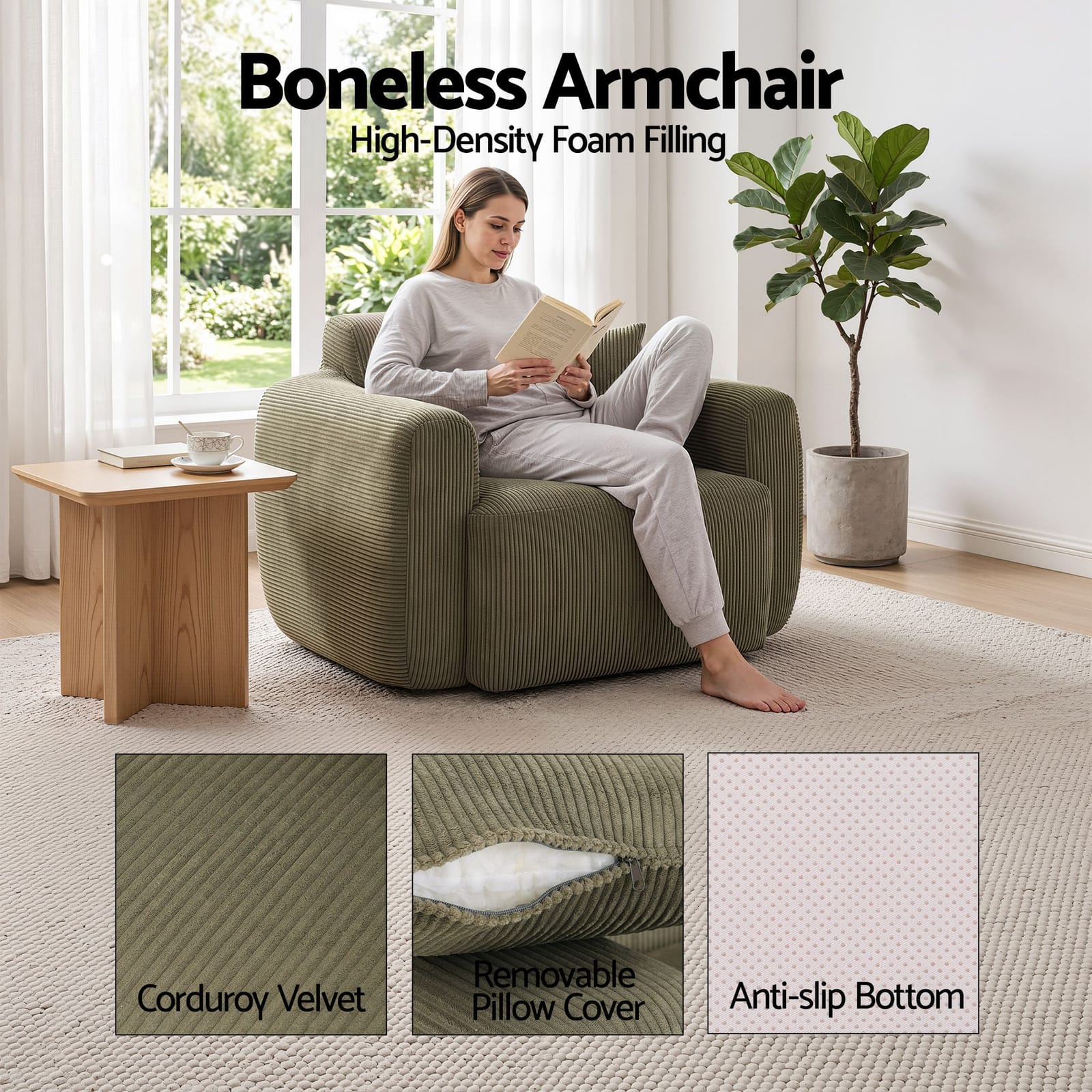 Corduroy Armchair No Assembly Cushion Green | Simpledeals
