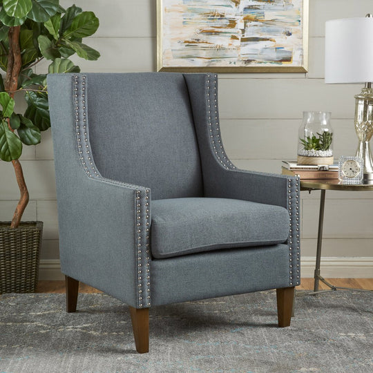 Arm Chairs & Recliners - Cecilia Classic Studded Light Grey Wingback Club Armchair