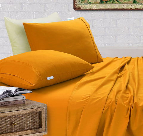 100% Egyptian Cotton Vintage Washed 500TC Mustard 50 cm Deep Mega King Bed Sheets Set