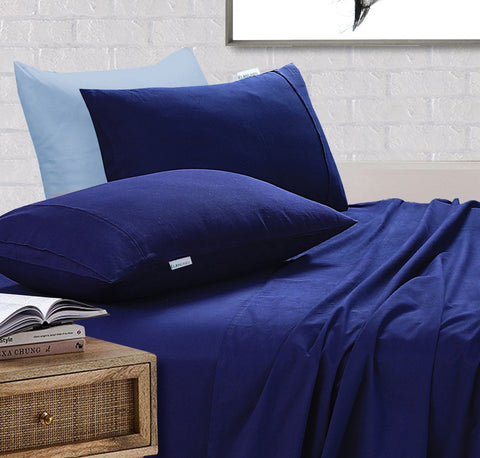 100% Egyptian Cotton Vintage Washed 500TC Navy Blue Queen Bed Sheets Set