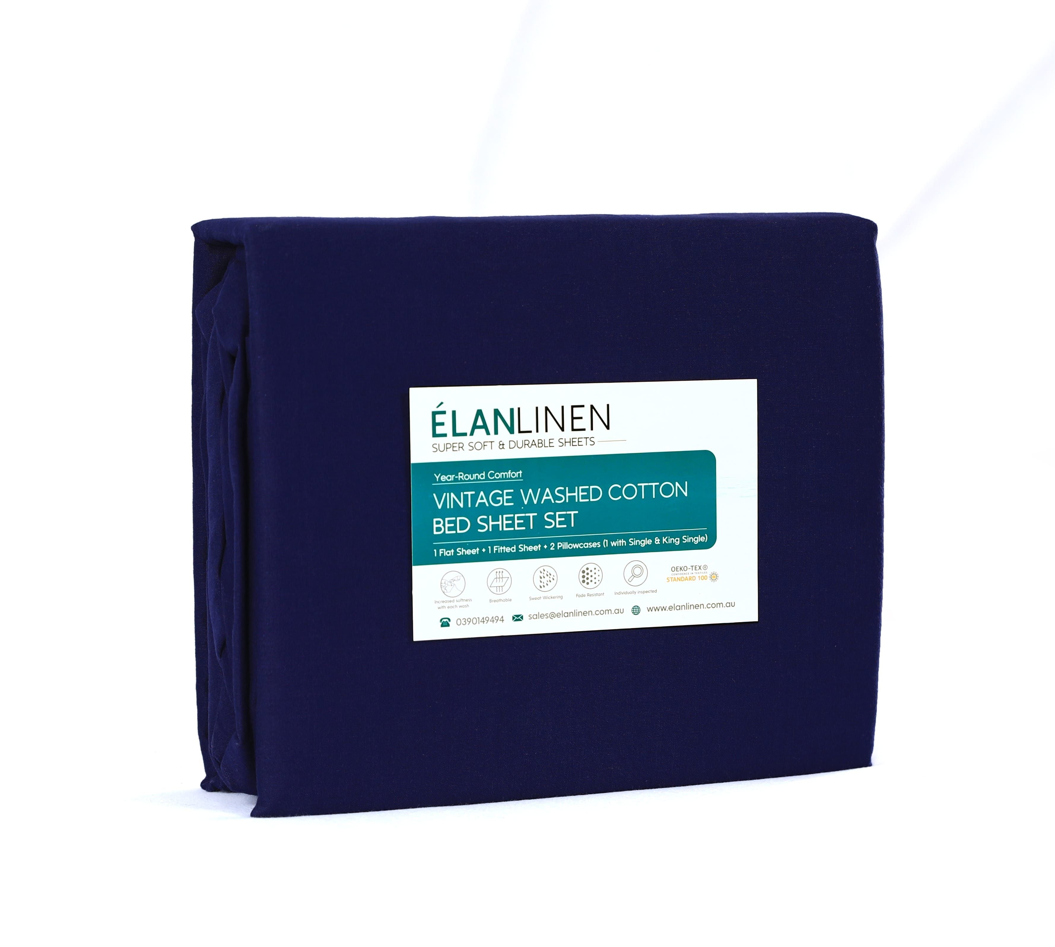 100% Egyptian Cotton Vintage Washed 500Tc Navy Blue Single Bed Sheets Set