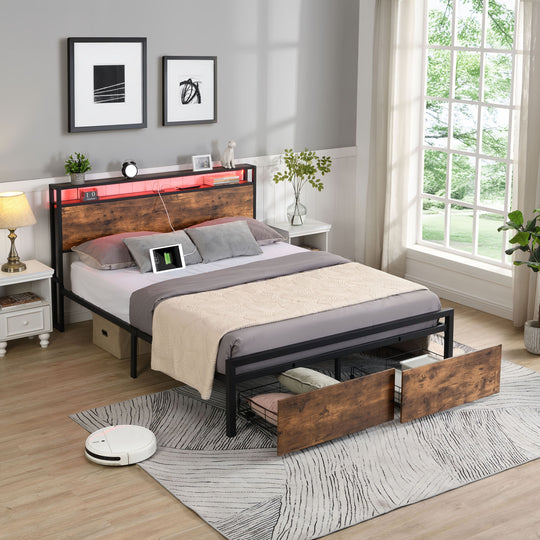 Double Bed Frame Storage Drawers LED Headboard