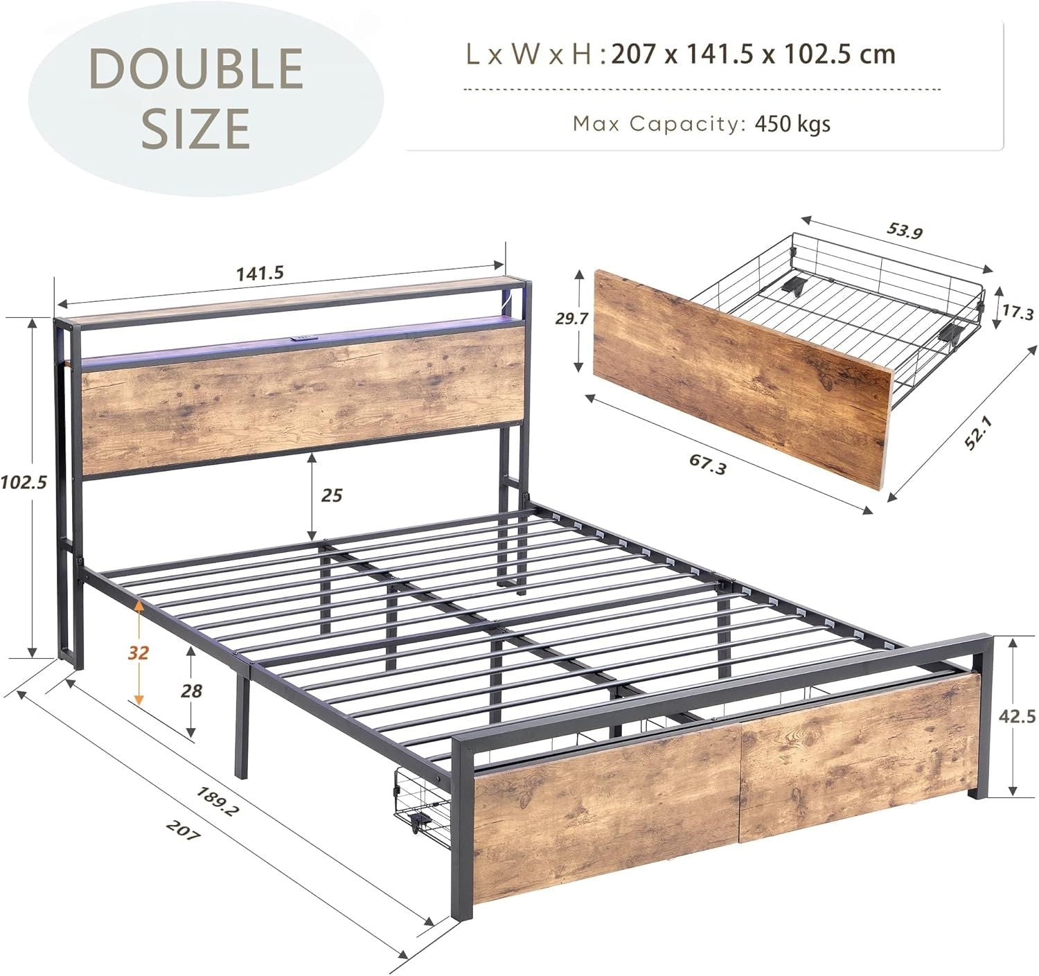 Double Bed Frame Storage Drawers LED Headboard | Simpledeals