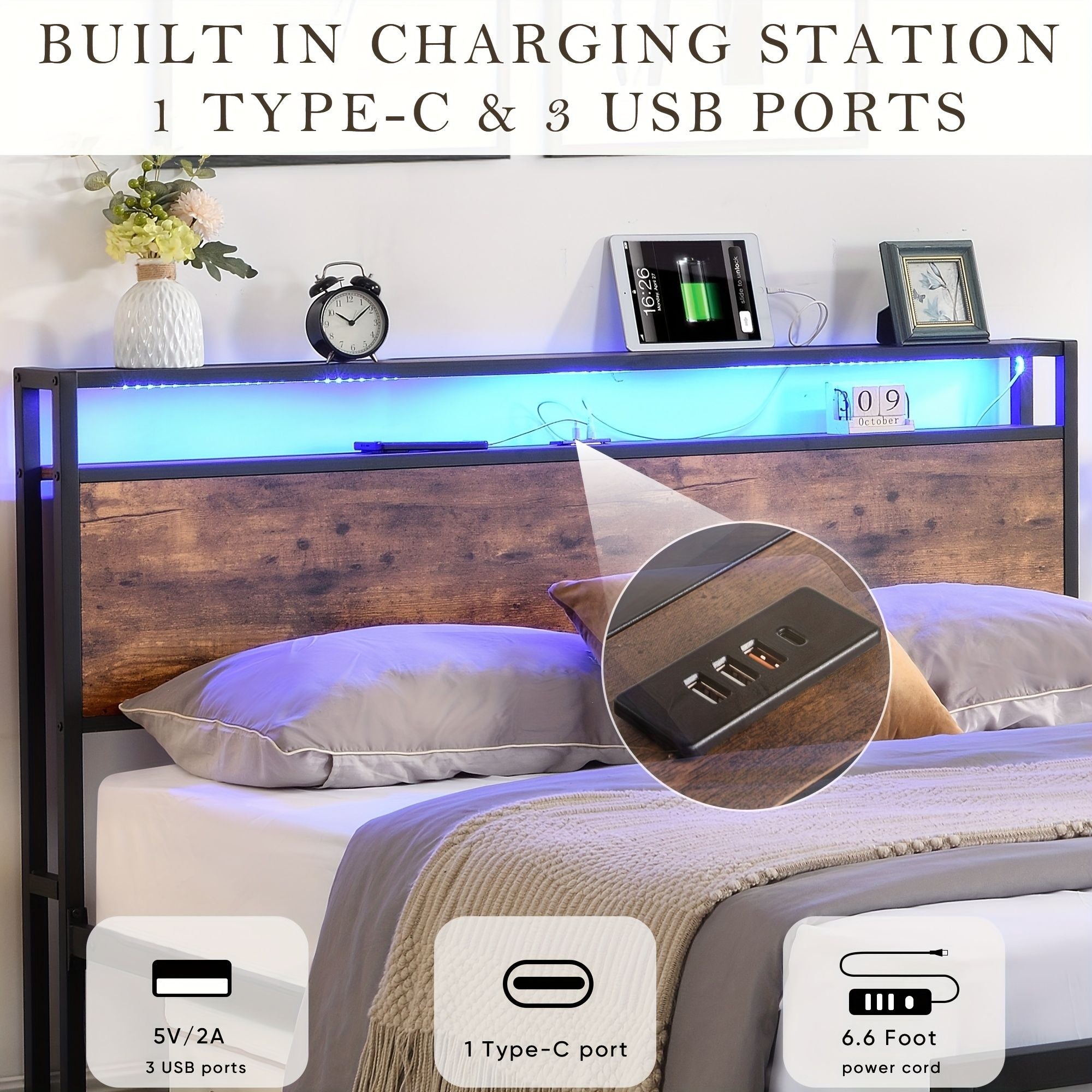 Double Bed Frame Storage Drawers LED Headboard | Simpledeals