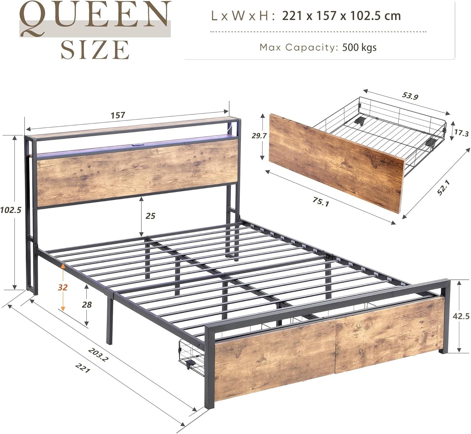 Queen Bed Frame Storage Drawers LED Headboard | Simpledeals