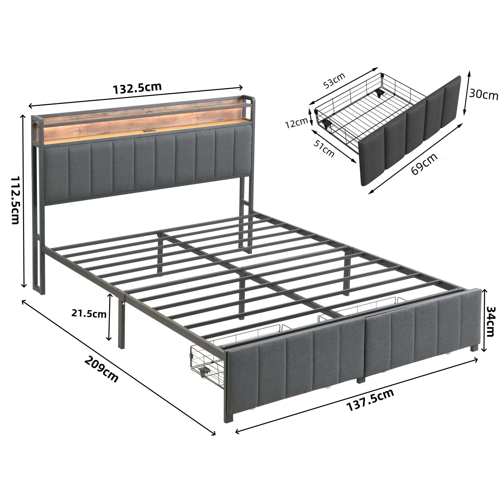 Double Bed Frame Storage Drawers LED Headboard | Simpledeals