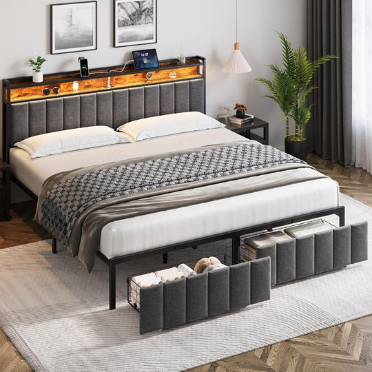 King Bed Frame Storage Drawers LED Headboard
