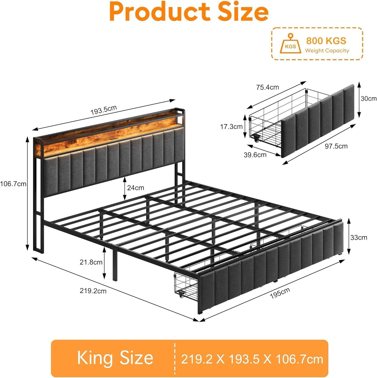 King Bed Frame Storage Drawers LED Headboard | Simpledeals