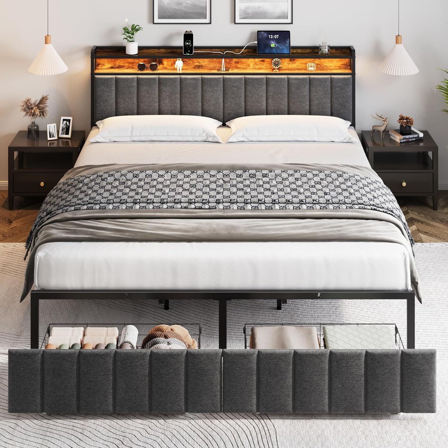 King Bed Frame Storage Drawers LED Headboard | Simpledeals