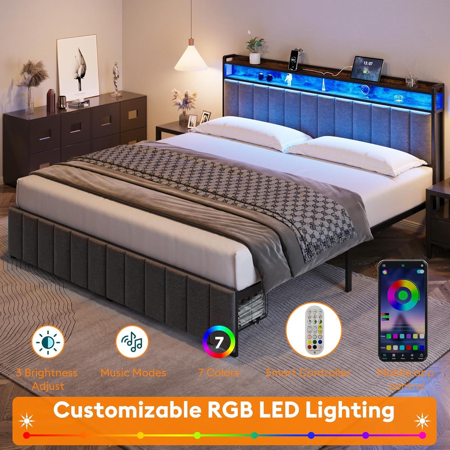 King Bed Frame Storage Drawers LED Headboard | Simpledeals