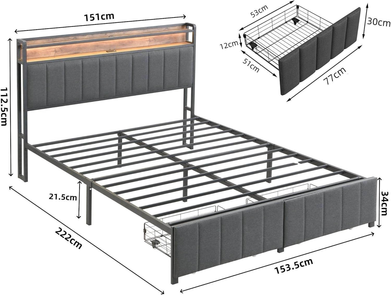 Queen Bed Frame Storage Drawers LED Headboard | Simpledeals