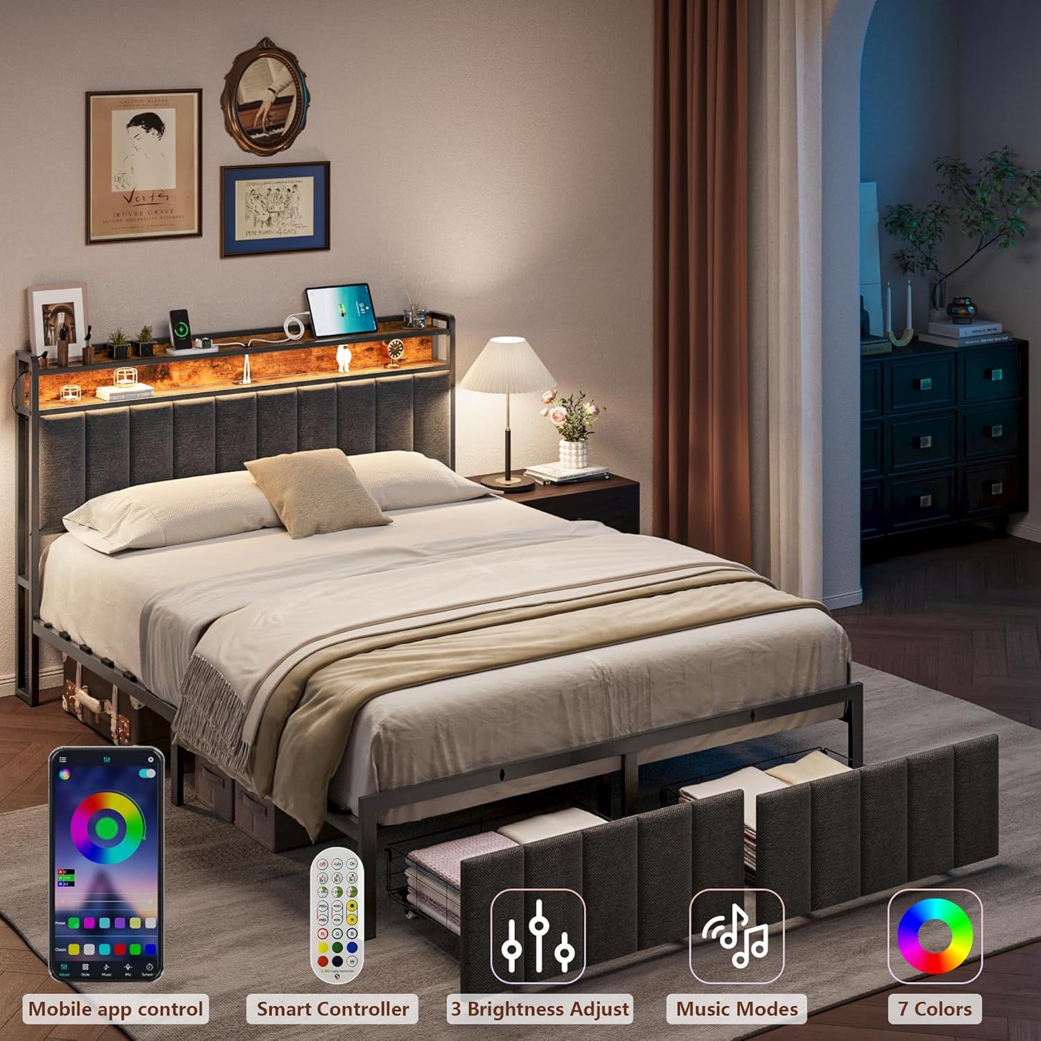 Queen Bed Frame Storage Drawers LED Headboard | Simpledeals