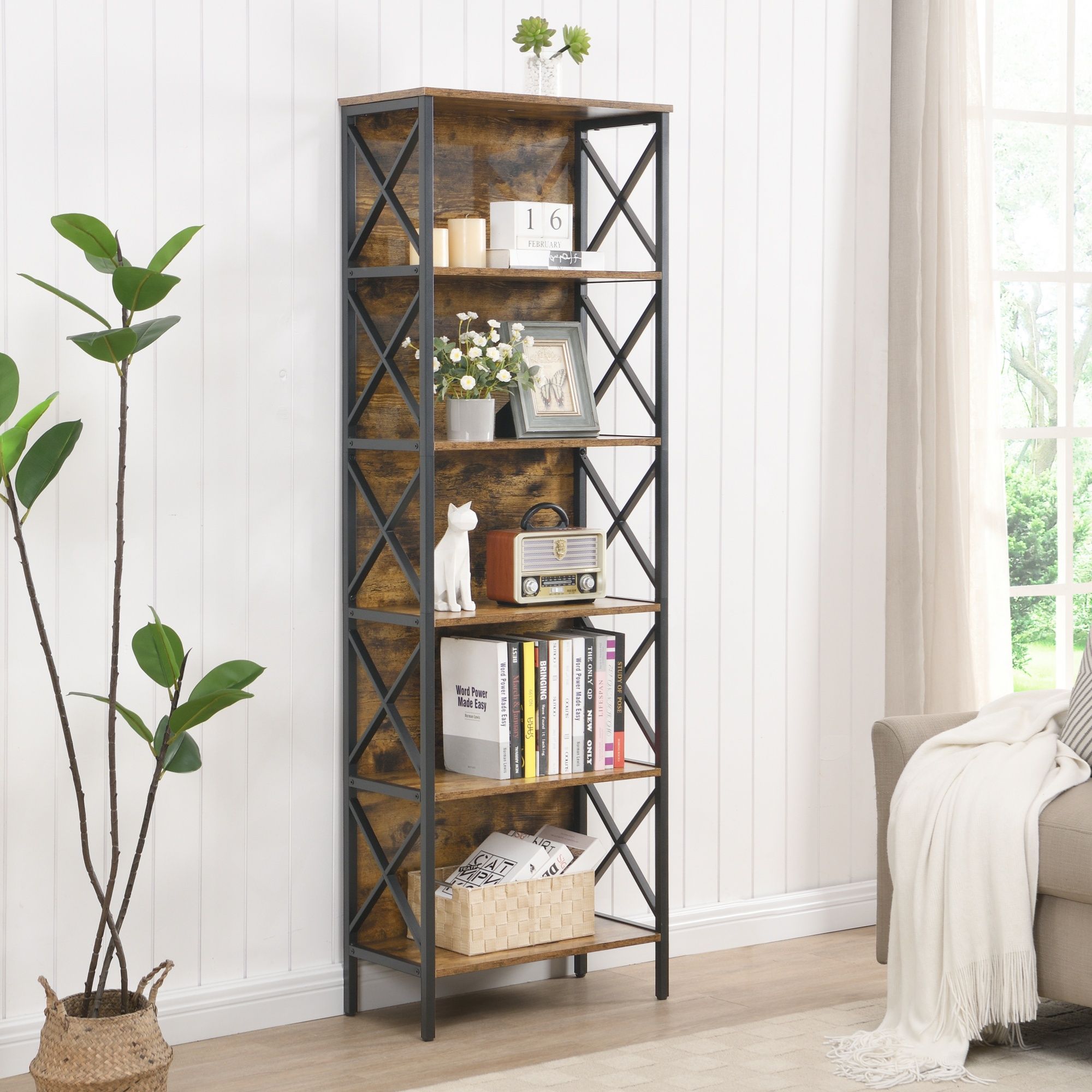 6 Tier Tall Bookshelf Rustic Brown | Simpledeals