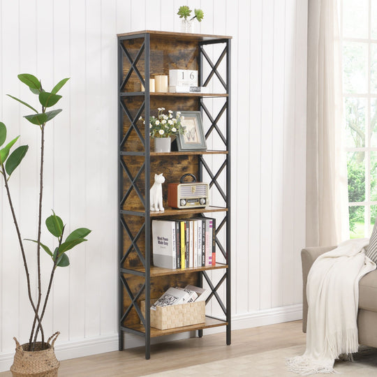 6 Tier Tall Bookshelf Rustic Brown