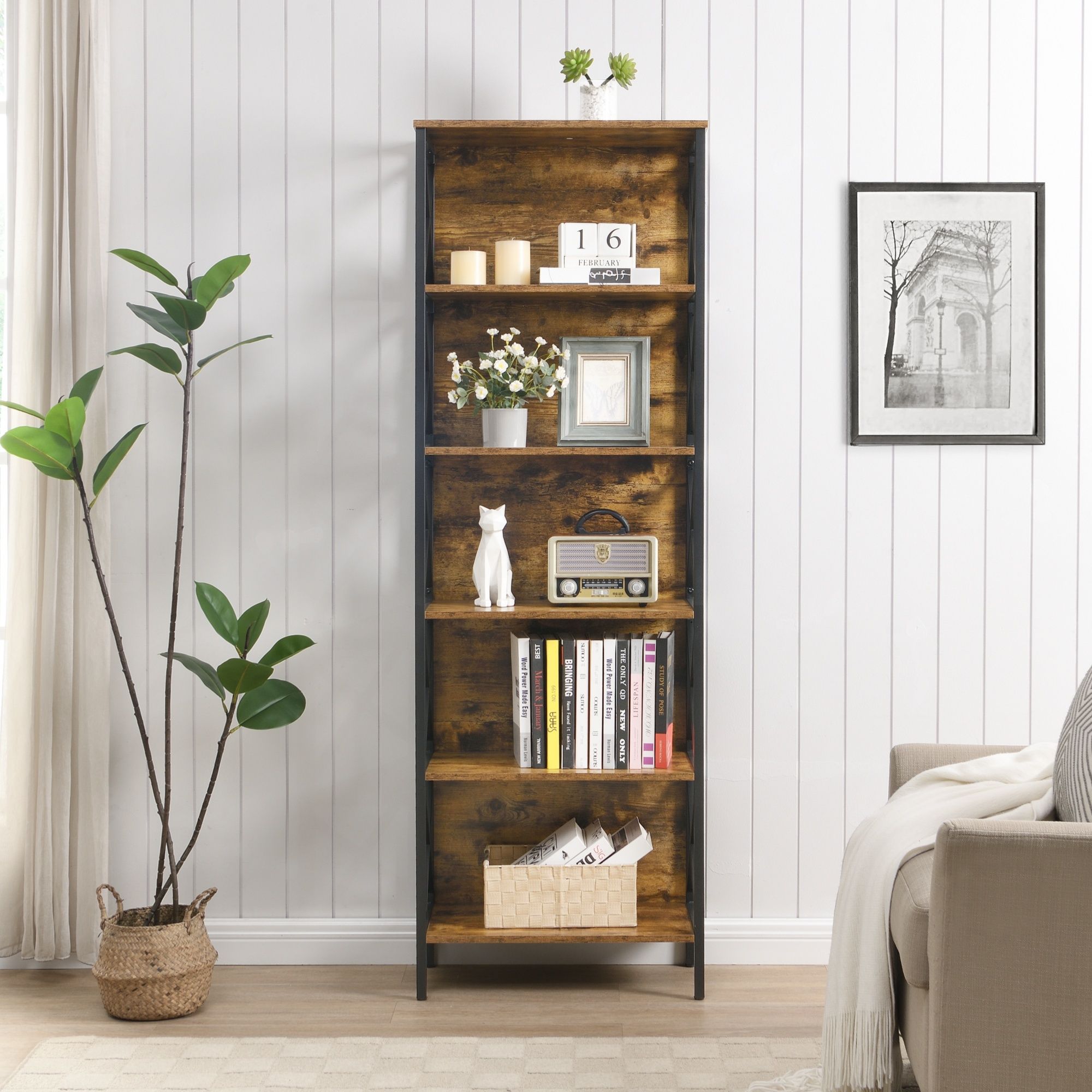 6 Tier Tall Bookshelf Rustic Brown | Simpledeals