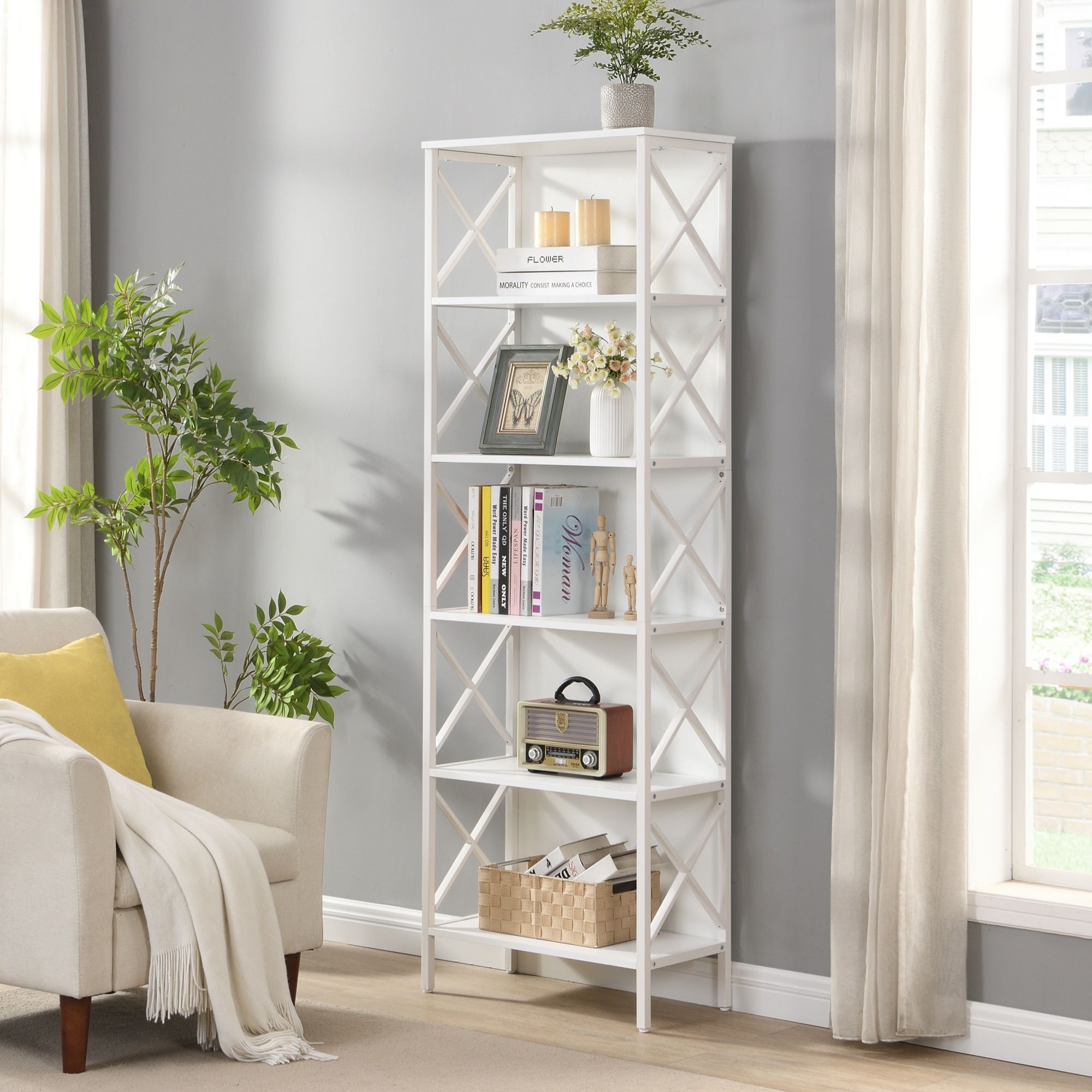 6 Tier Tall Bookshelf White | Simpledeals